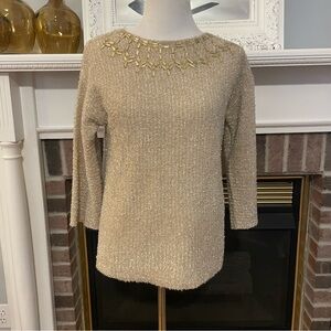 Ruby Rd. Sparkling Gold Sweater Scoop Neck Jeweled Neckline Accents Size PS
